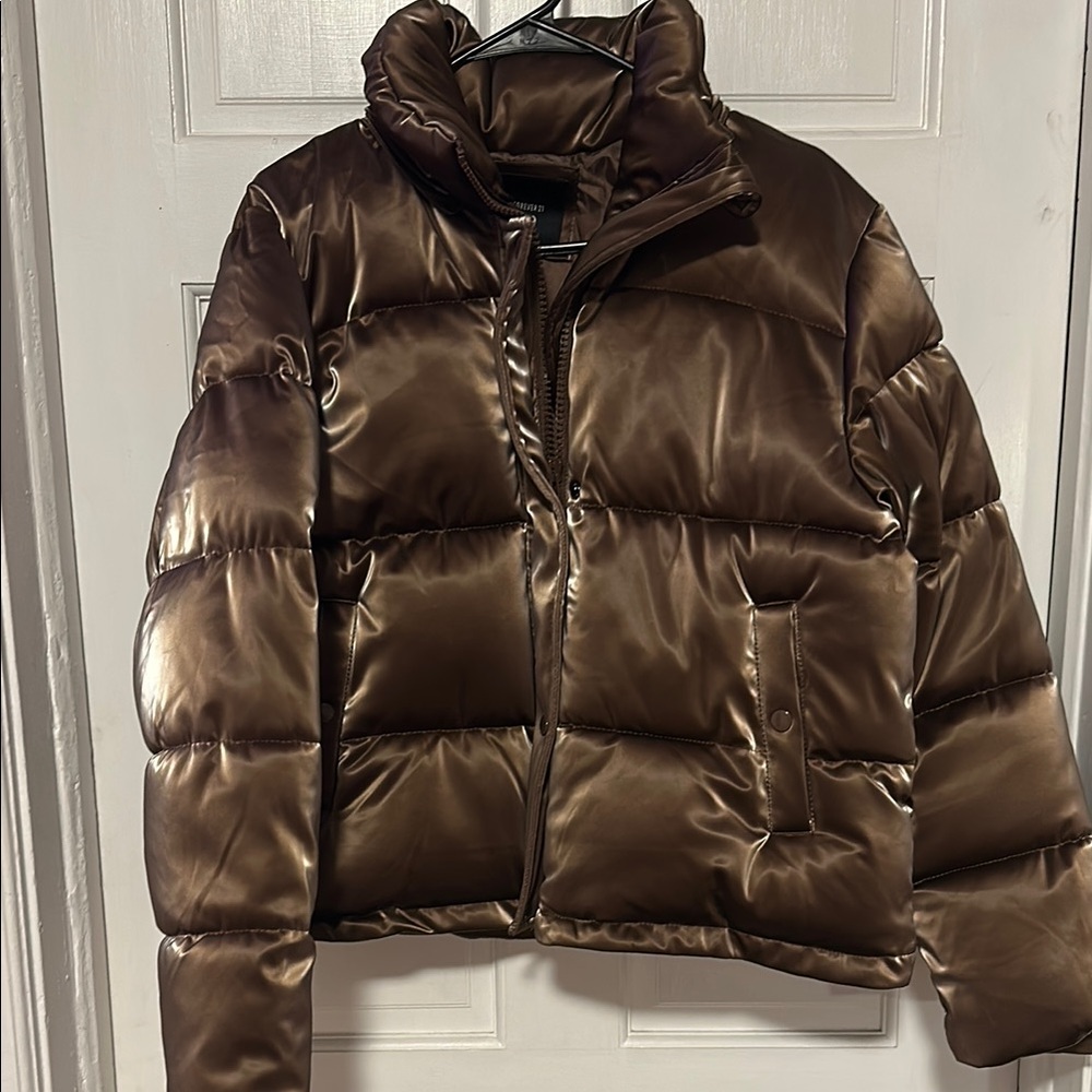 Forever 21 Brown Puffer Jacket with Glossy Finish
